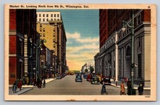Wilmington DE Market St. 1930s-40s Linen Postcard Delaware Cityscape