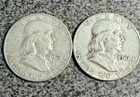 LOT OF 2 - 1961 D 50C BEN FRANKLIN SILVER HALF DOLLARS - 90% SILVER AS SHOWN