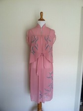 Vintage 70s Rose Belted Midi Dress and Jacket Faux Pearl Accents Mandarin collar
