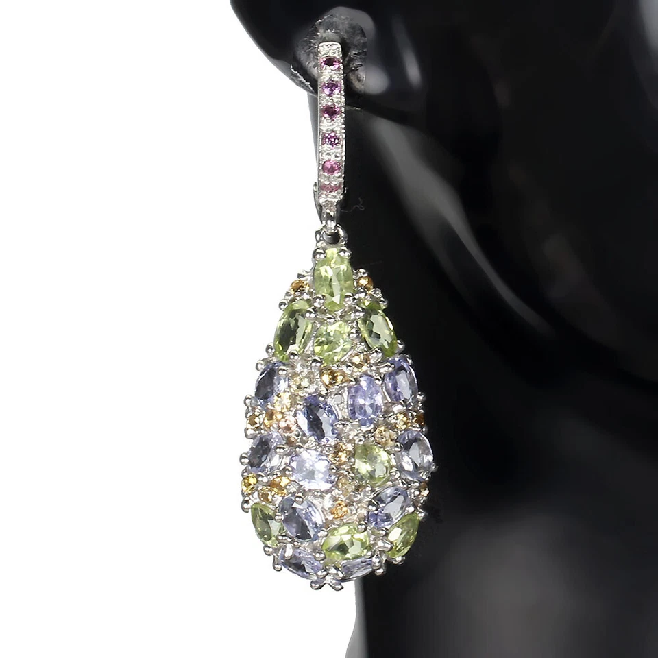 925 Orecchini Argento Sterling Ovale Tanzanite Peridoto Zaffiro Gemma Gioielli - Immagine 2 di 4