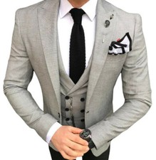 Designer Business Gray Checked Men's Suit Jacket Pants Vest Tailored Slim Fit