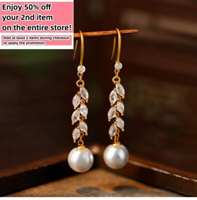 Pearl Earrings Crystal Leaf Dainty Gemstone 18K Gold Plated Ins Retro Style