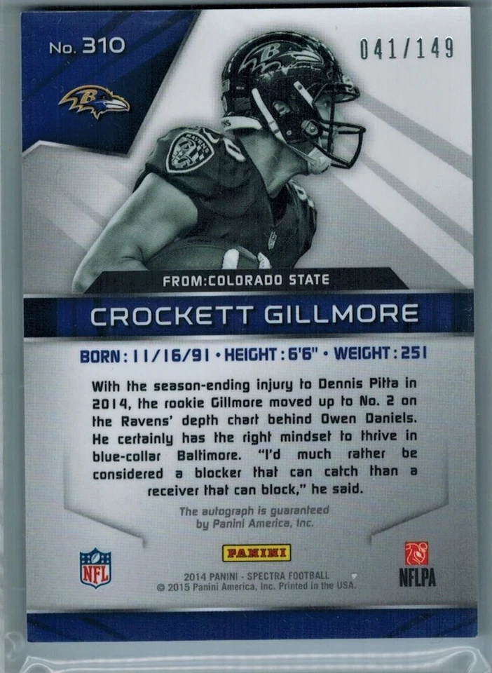 Crockett Gillmore 2014 Spectra Auto Rookie Jersey #41/149 - Baltimore Ravens! - Image 2 of 2