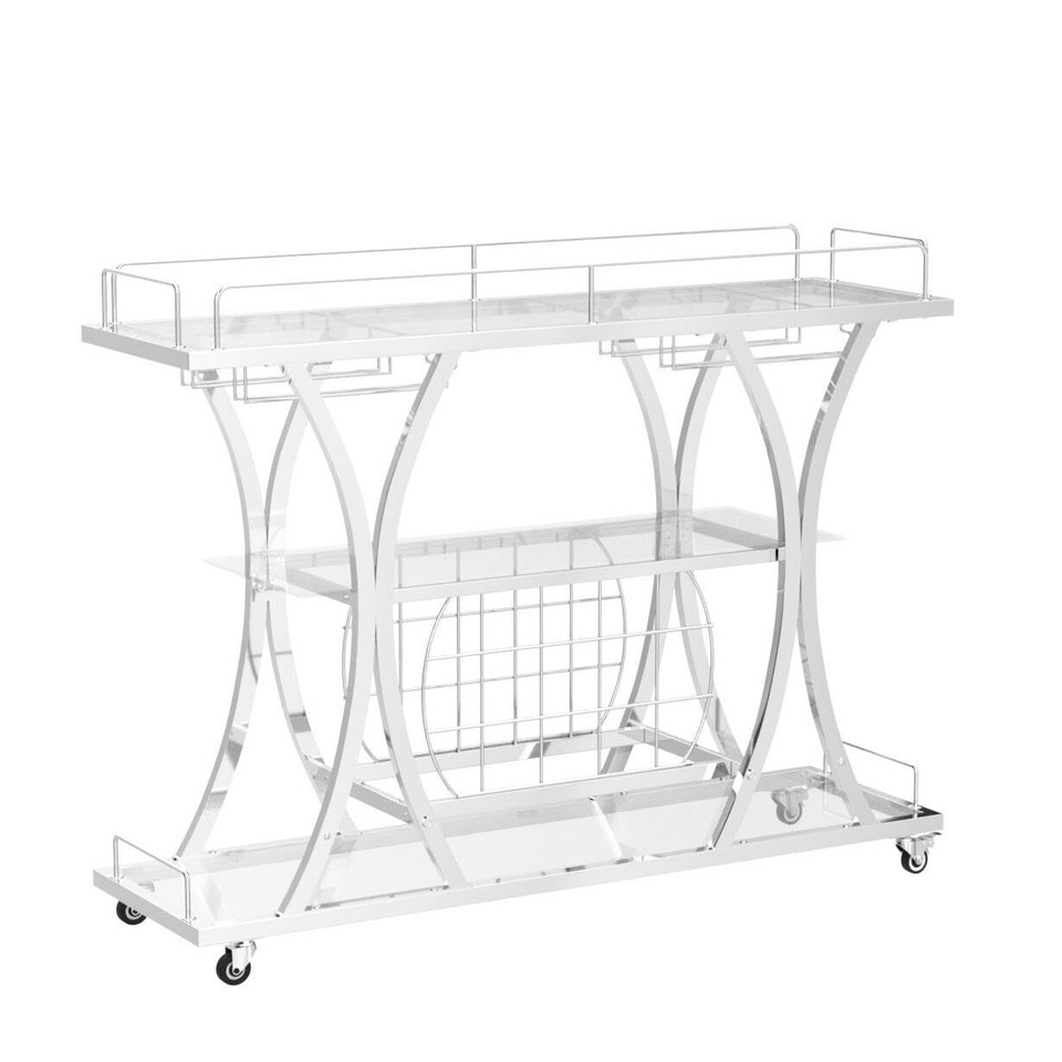 FABOMEI Silver Bar Carts with Glass Holders & Wine Rack,3 Tier Home Bar
