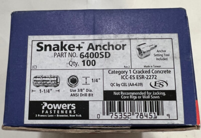 Powers Fasteners 6400SD-PWR Snake and 1/4'' Internal Thread, 100 Per Box