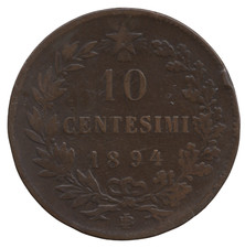 1894 B/I Italy Umberto I 10 Centesimi Coin