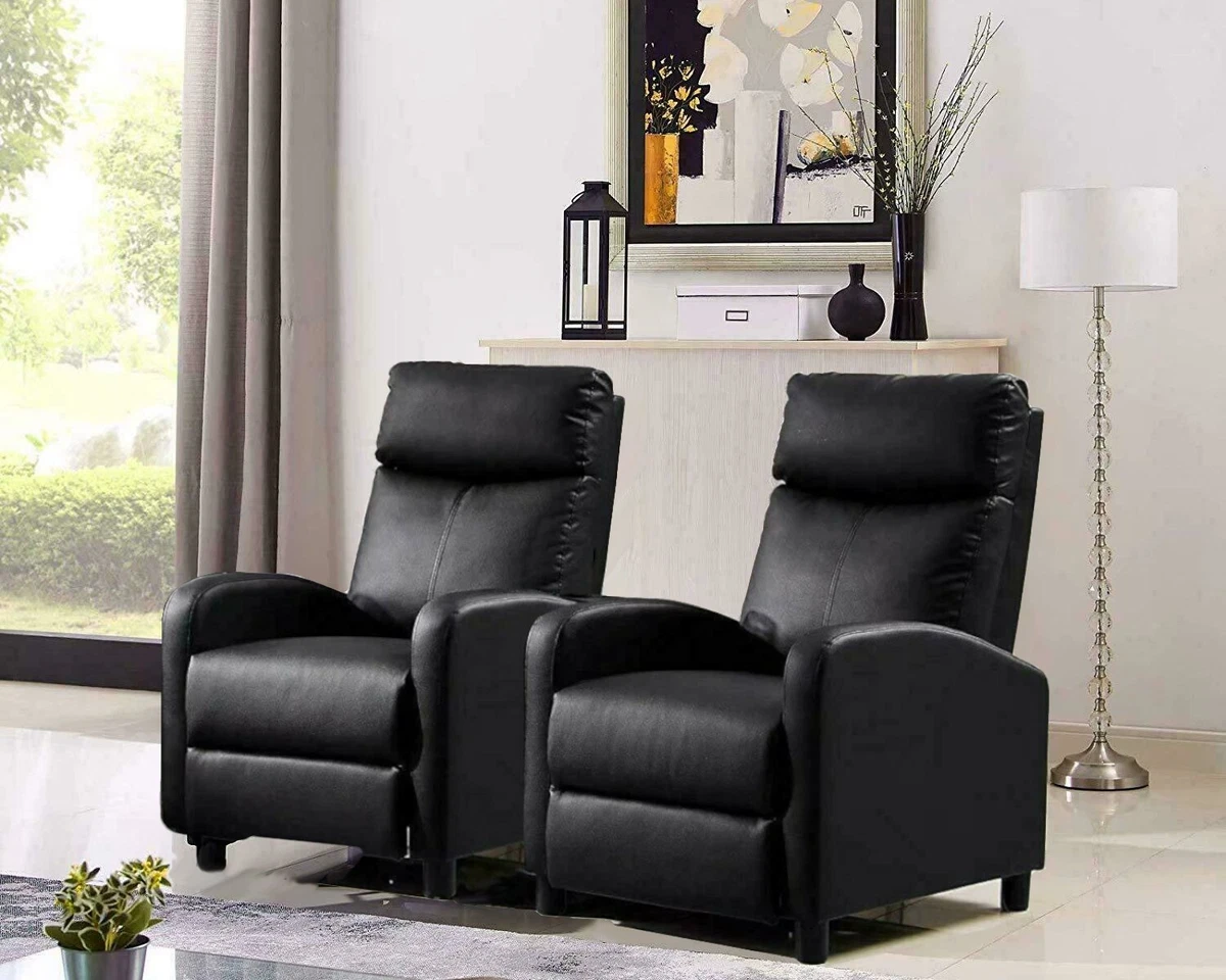 Black Leather Pillow Top 2-Seat Home Theater Recliner W/ Push-Back Chair  Sillon