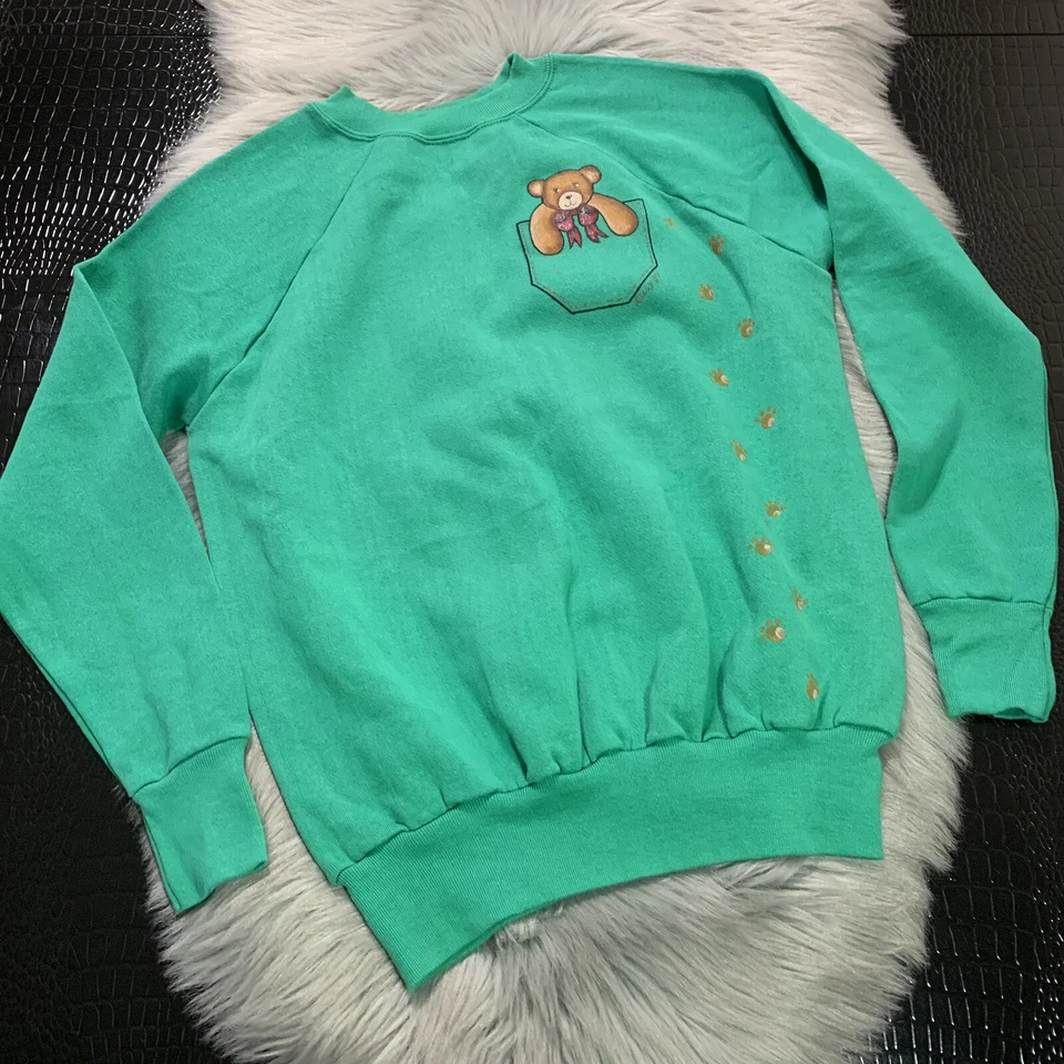 Vintage 80’s Made In USA Green Sweatshirt Teddy Bear & Paws Crewneck Size Large - Image 2 of 4