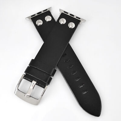 Genuine Leather Studded Smart Watch Band Black Strap for Apple