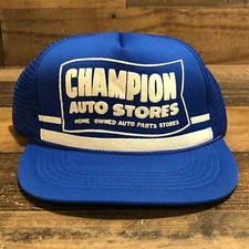 Vintage Champion Auto Stores Hat Snapback Trucker Cap Mens Blue White 80s READ
