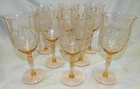 Weston 8 Water Goblets Pink Flower and Dots Etch on Diamond Optic