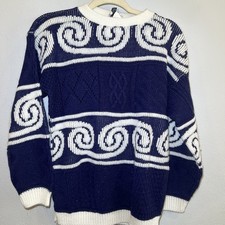 Vintage Brittony Knit Sweater Navy White Greek Key Swirl Made in USA