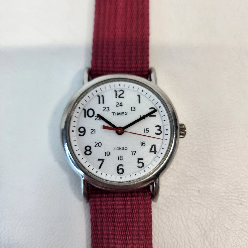 Timex Weekender 38mm Men's Women's Indiglo Watch Silver Military Red Band T2N751 - Image 2 of 4