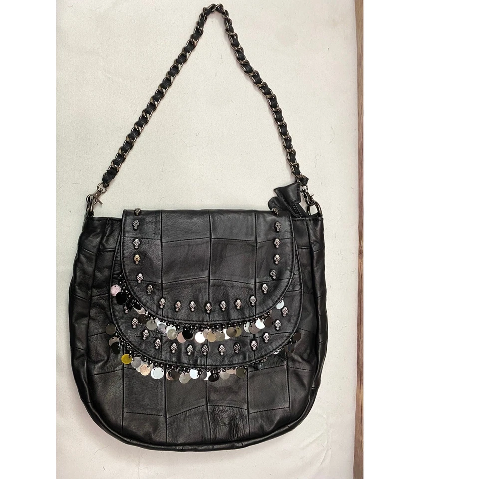 Black Leather Skull Shoulder Bag with Beaded Fringe Detail Boho Style - Image 3 of 4