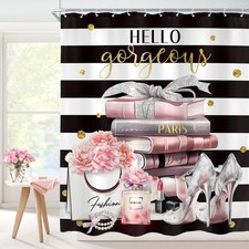 60x72 Inch Black Pink Fashion Girly Bathroom Shower Curtain Set Floral Hooks