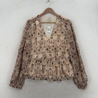 LOFT Blouse Womens Large Beige Paisley V Neck Long Sleeve Ruffle Chiffon Top NWT