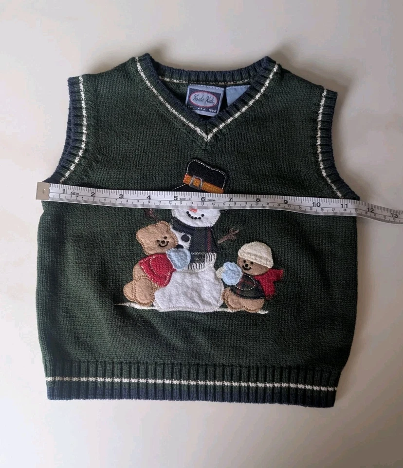 Винтажный Рождественский свитер жилет ребенка 12 М аппликация морозный снеговик 90-х коала зеленый - Изображение 4 из 4