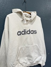 Vintage 90  s Adidas White Embroidered Trefoil Men  s Hoodie Size Medium Flawed