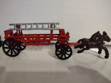 Antique Cast Iron Fire Wagon red Two Horse Drawn 1 Ladder Original 11 In Long