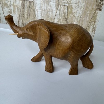Hand Carved Wooden Elephant Figurine Statue Decor with Tusks Trunk Up