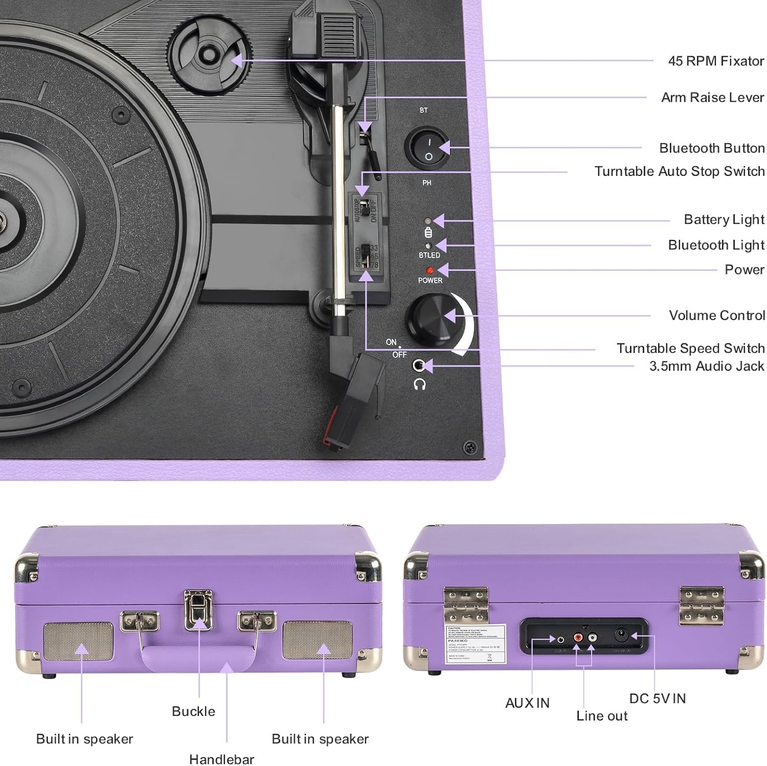 Vintage Purple Record Player - 3 Speed Bluetooth Turntable for On-the-Go Music