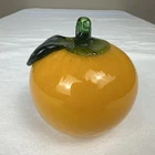 VNTG Murano Style Art Glass Orange Figurine Blown Fruit Green Leaf Decor 3" MCM