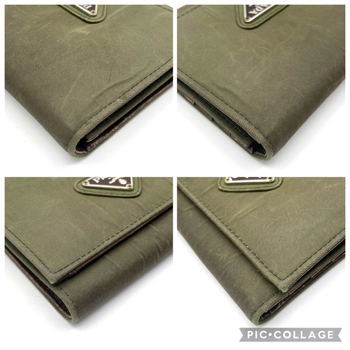 PRADA Tri Fold Portefeuille Sac à Main Tessuto Nylon Cuir Kaki Marron Authentique _0166 - Photo 7/24