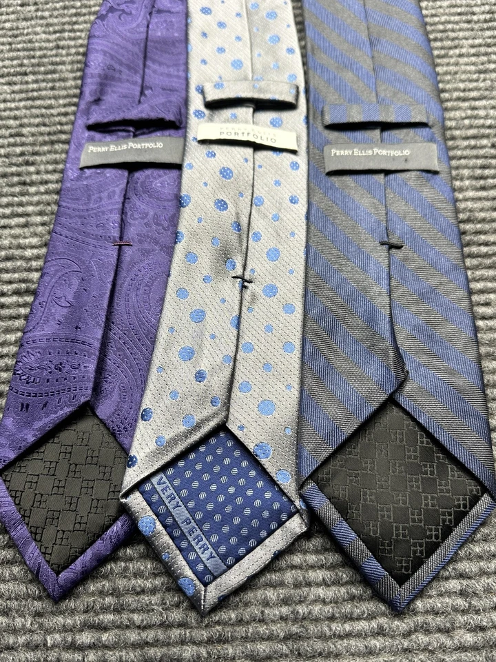Perry Ellis Portfolio Ties Mens Silk Purple Paisley Blue Dot Stripe Lot of 3 - Image 2 of 4