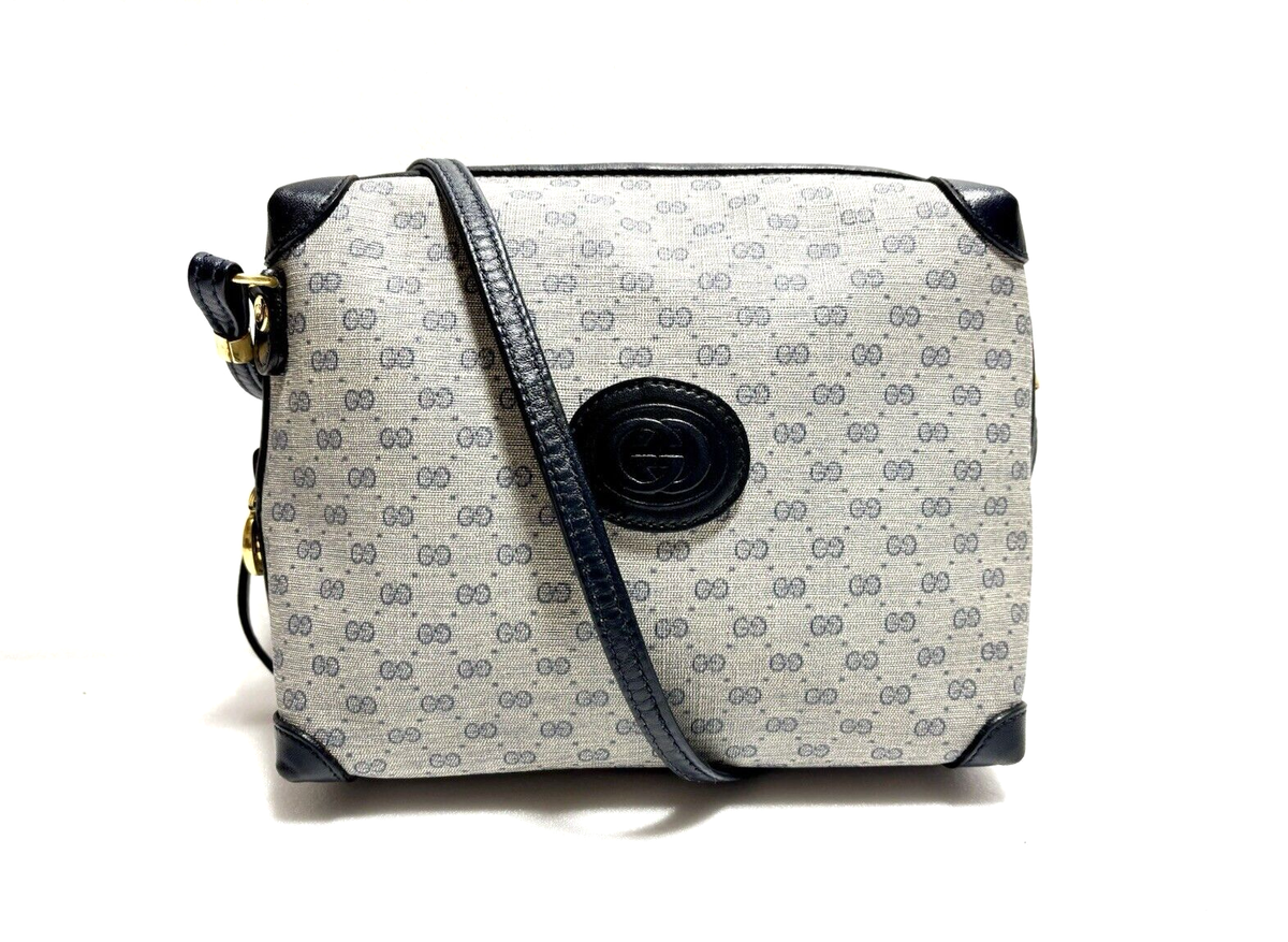 Vintage GUCCI micro GG Shoulder Bag Black Navy leather Authentic 