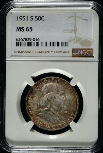 1951-S Franklin Half Dollar Silver NGC MS65, Borderline FBL,  Rich Tone, 829-016