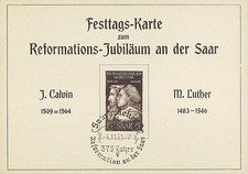 Carte Maximum SARRE "375 ans Réforme en Sarre : Calvin & Luther" (Mi 308) 1951