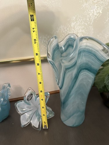 Blue Swirl Murano Glass Lot Vase Flower Swirl Bowl Set Of 3 - Picture 9 of 10
