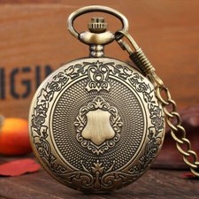Antique Shield Cover Unisex Quartz Pocket Watch Roman Number Display FOB Chain