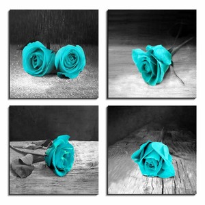 Set Of 4 Roses Prints Panel Canvas Wall Art Teal Black And White