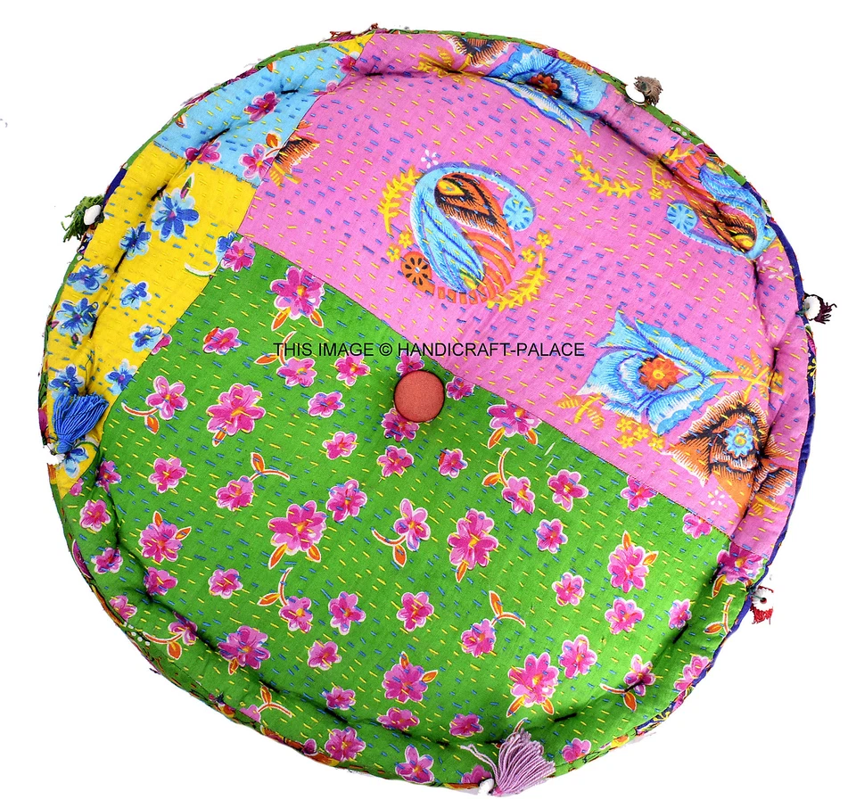 Kantha Quilt Pouf Indian Handmade Floral Print Cotton Ottoman Filled Pouf Stool - Image 2 of 3
