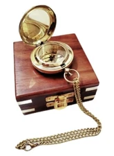 Nautical Brass LOTS OF 10 PCS Push Button Mini Compass Brass Chain with Wood Box
