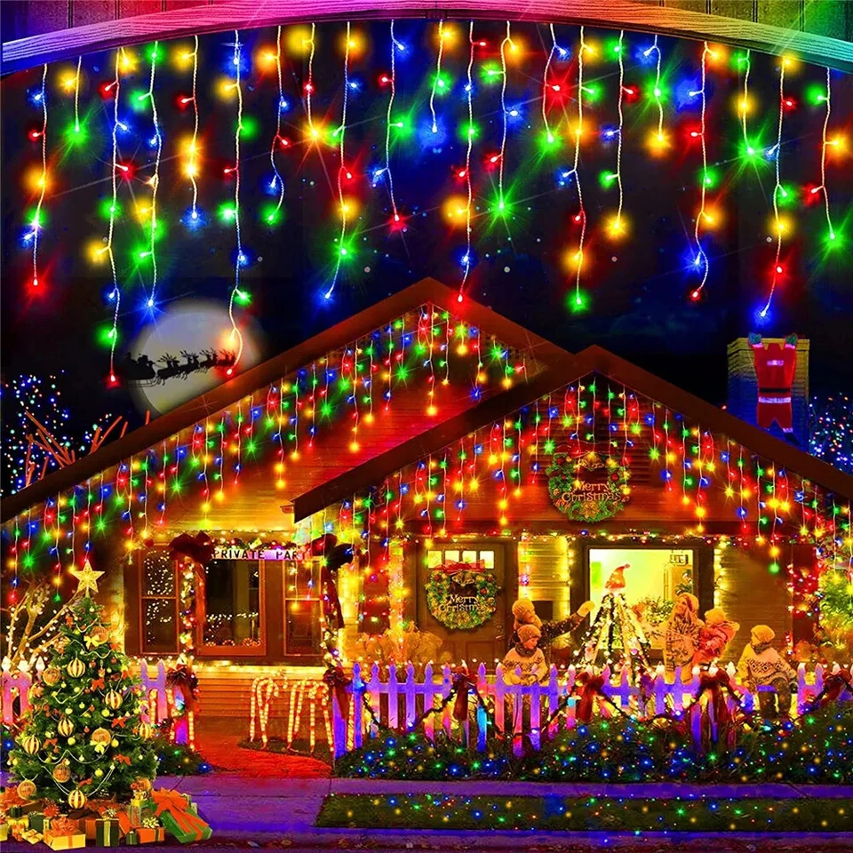 Solar Christmas Icicle Lights Outdoor LED Curtain Fairy String Light Party Decor - Image 2 of 4