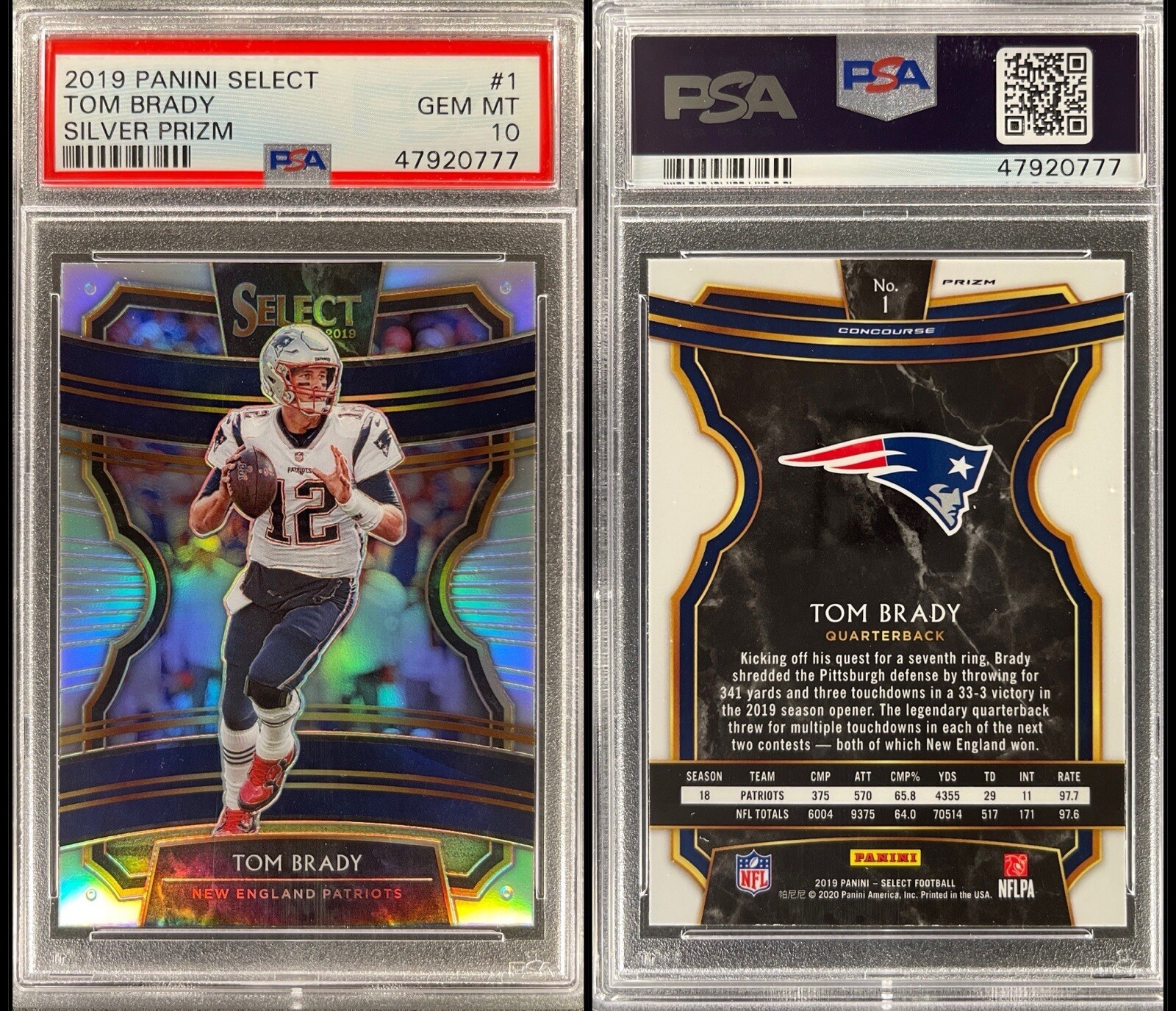 TOM BRADY 2019 Panini Select #1 Concourse Silver Prizm PSA 10