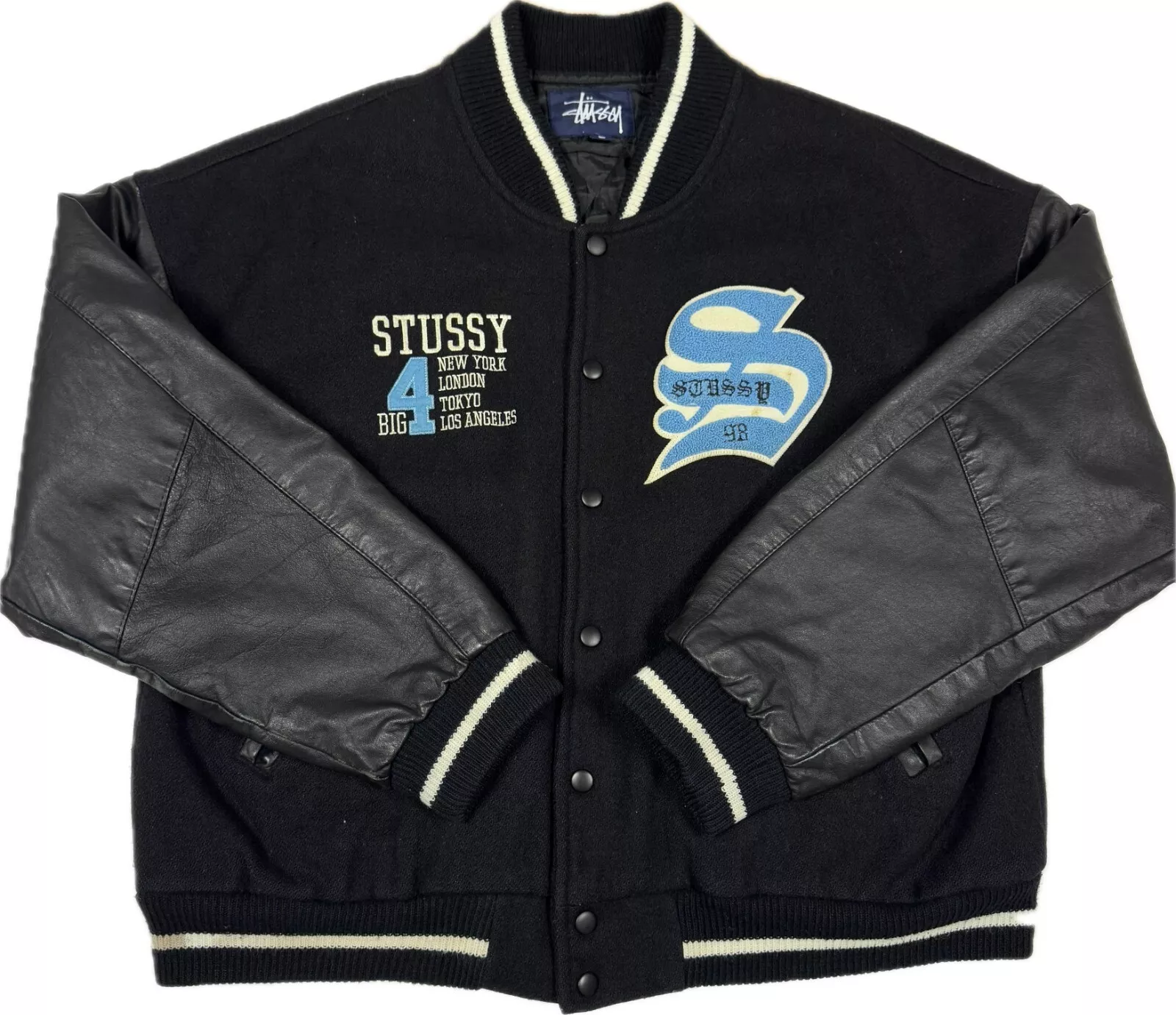 original vintage 1997 STUSSY Varsity VESTE collège BIG 4 cuir années 90 suprême