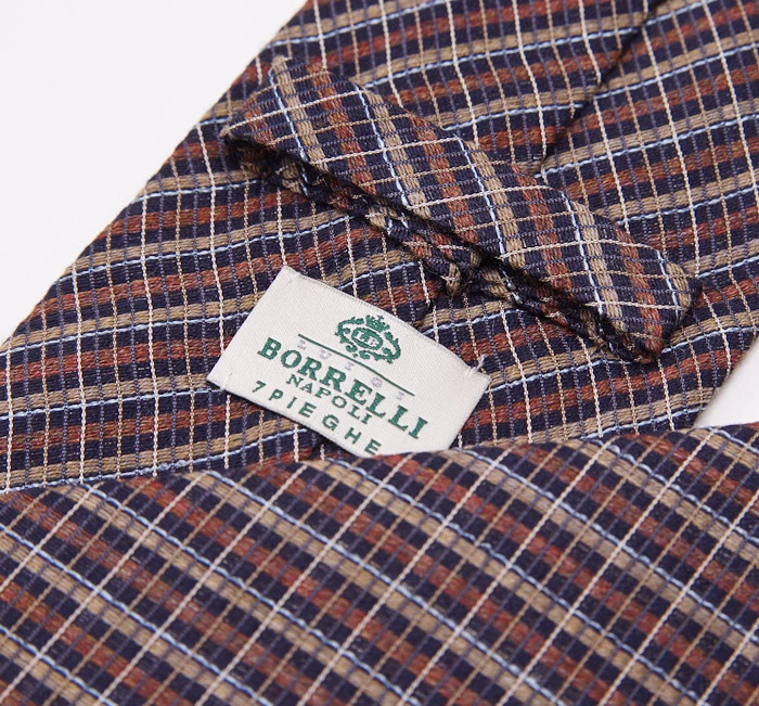 Nueva Corbata de Seda Borrelli Napoli $225 7 Pliegues Azul Marino-Marrón-Óxido Tejida a Cuadros Foto 3 de 4
