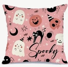 Adorable Ghost Cat PINK Halloween Throw Pillow Cover Fall Holiday Home Decor