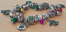 Christmas Holiday Silver Toned Beads  Charms Stretch Bracelet