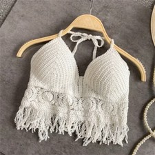 Top Bralette Halter Blanco Hecho a Mano Crochet Encaje Boho Festival Playa Crop Top