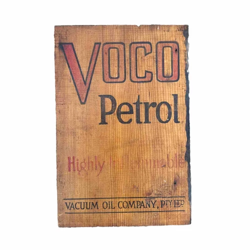 Voco Petrol Vacuum Oil Co. Vintage Wooden Box End Sign
