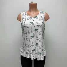 Ann Taylor Factory Womens White Llama Print Sleeveless Ruffled Hem Tank Top S
