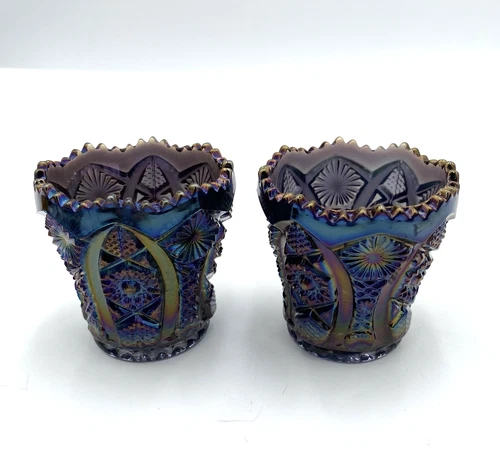 2 - Vintage Imperial Glass Toothpick Holders, Peacock/Smoke Blue, Daisy & Button
