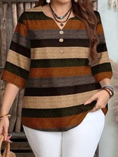 Women's Elegant Striped Print Shirt with Three-Button V-Neck Pullover, Spring.