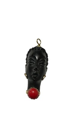 Corletto Italy 18K Yellow Gold Carved Ebony 3D Blackamoor Red Coral Head Pendant