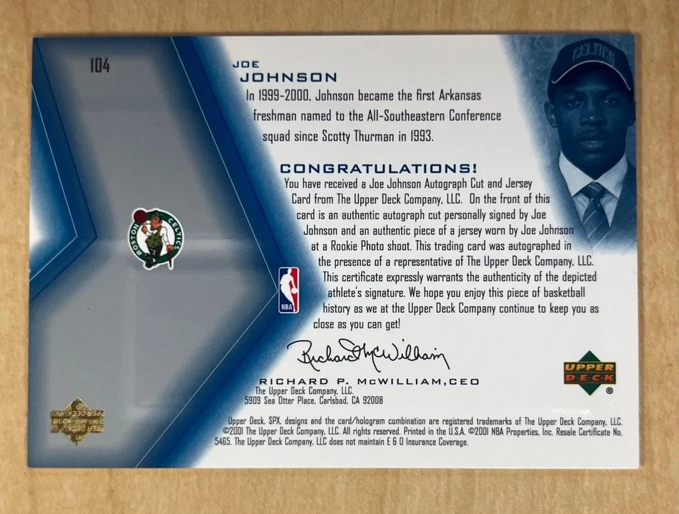 Camiseta deportiva de novato 2001-02 firmada SPx #104 Joe Johnson Blue Spectrum 10/25 automática Foto 2 de 2