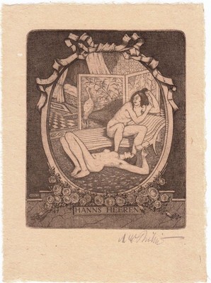 Exlibris Bookplate Radierung Martin E. Philipp 1887-1978 Frauenakte Pelikan Akt